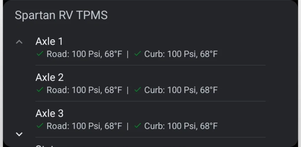 Actual Spartan RV TPMS Android Auto screen showing live pressure and temperature for three axles