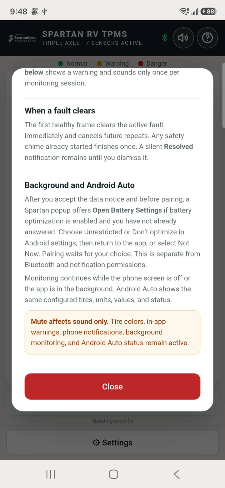 Actual Spartan RV TPMS App Behavior screen explaining mute, background monitoring, and Android Auto