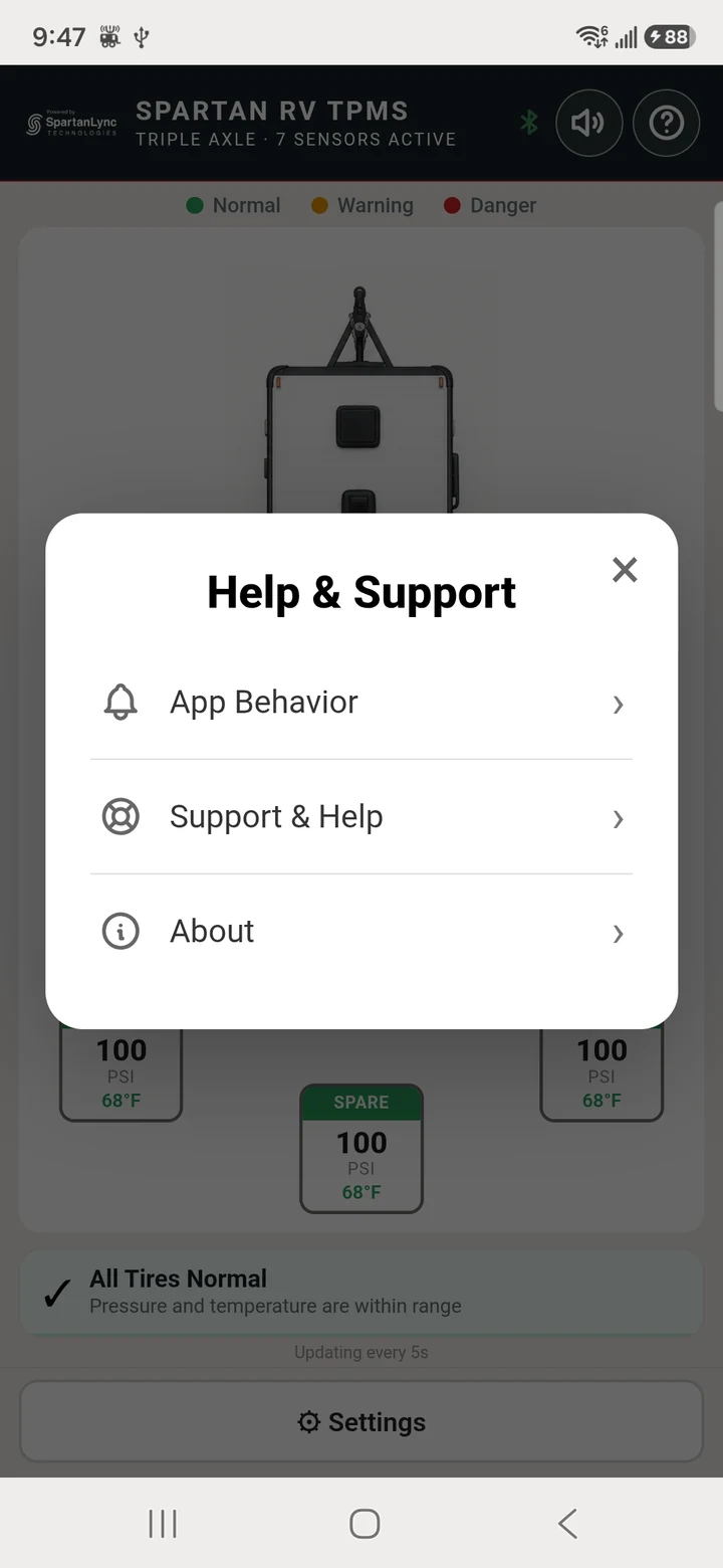 Actual Spartan RV TPMS Help and Support menu opened from the question-mark button