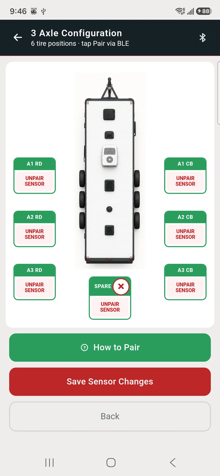Actual Spartan RV TPMS Manage Sensors screen showing tire-position pairing controls