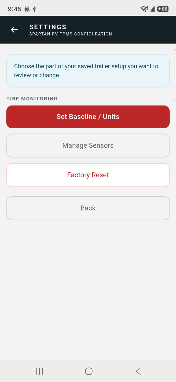 Actual Spartan RV TPMS Settings screen with Set Baseline and Units, Manage Sensors, and Factory Reset controls