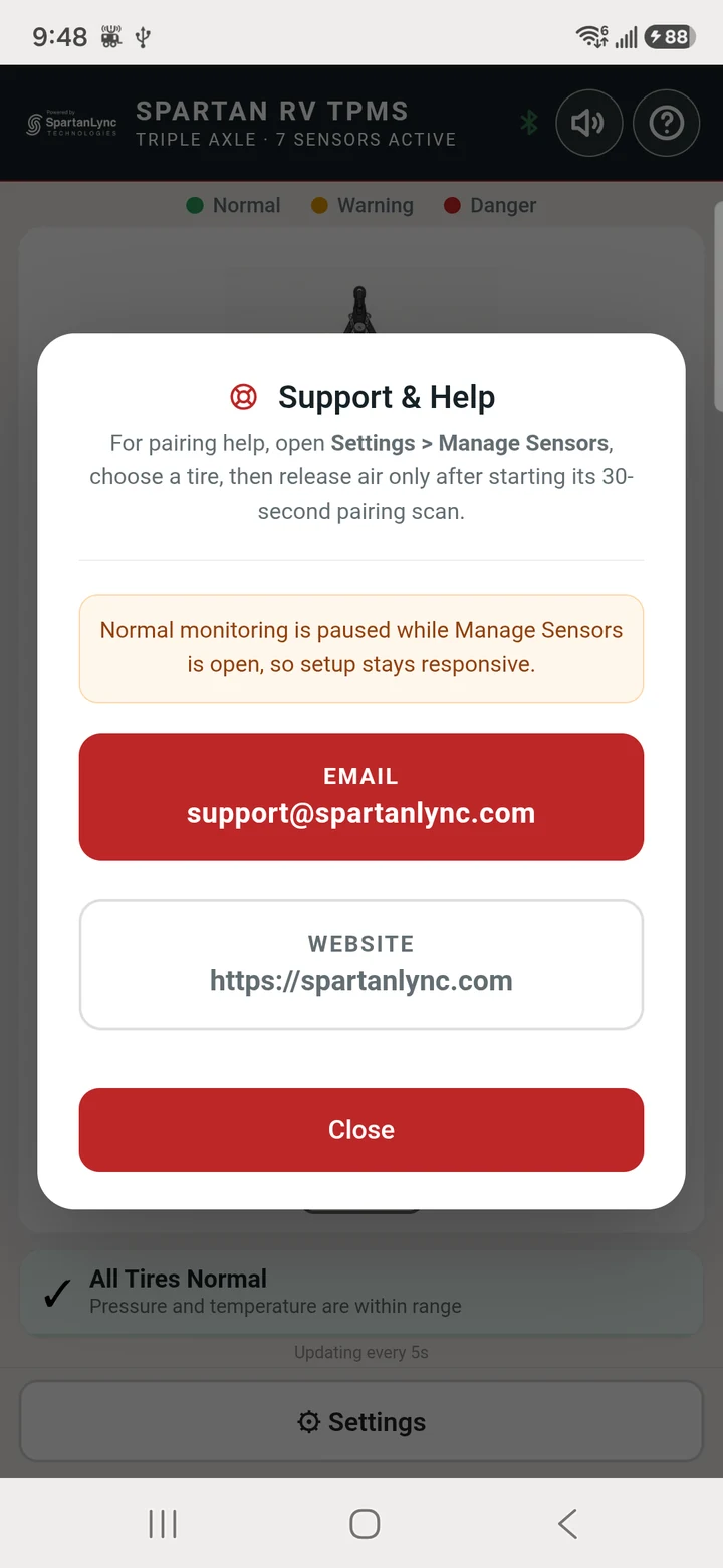 Actual Spartan RV TPMS Support and Help screen with email and website