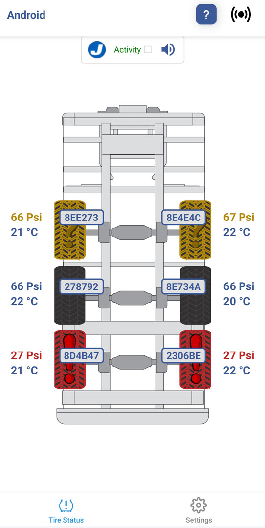 JaycoToad Home Screen - Tire Status Overview