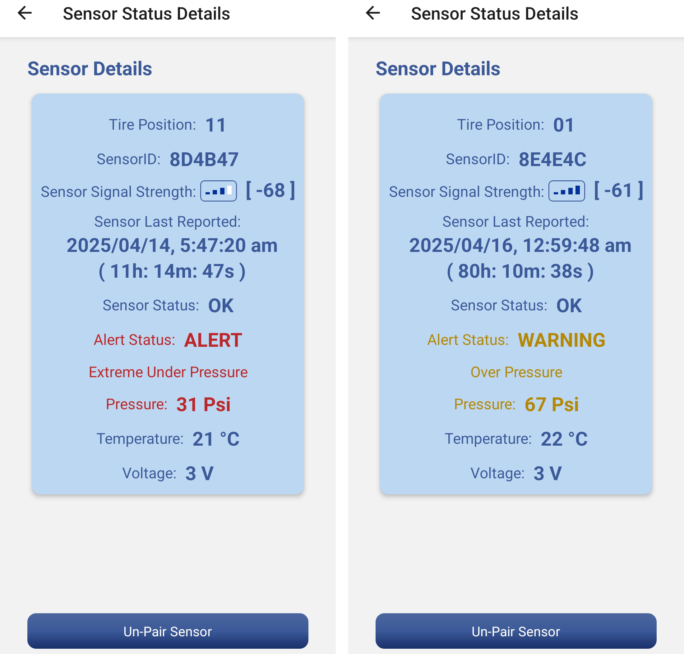 JaycoToad Tire Status - Alert Details