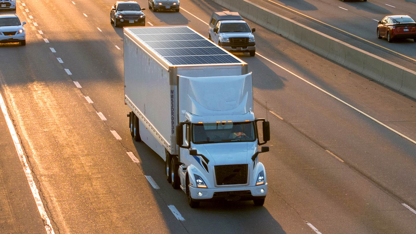 transport truck with solar mats on roof 
